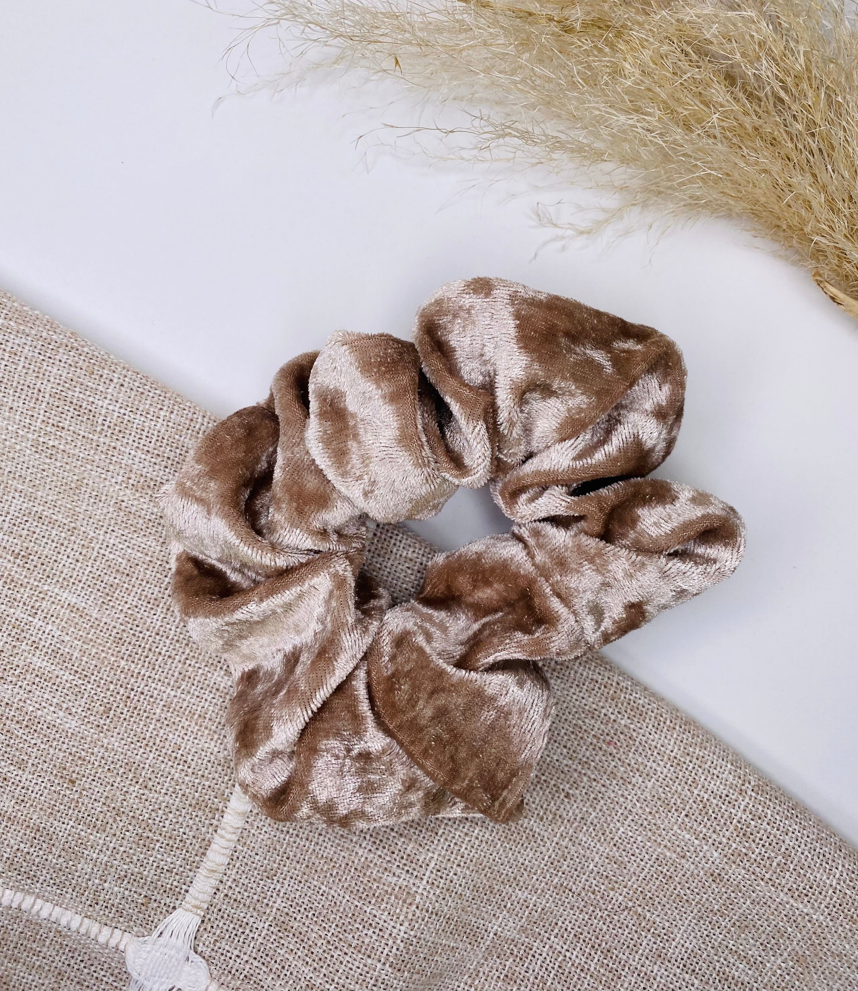 Velvet Champagne Scrunchie, perfect for adding a classy touch to your ensemble, whether casual or dressed up