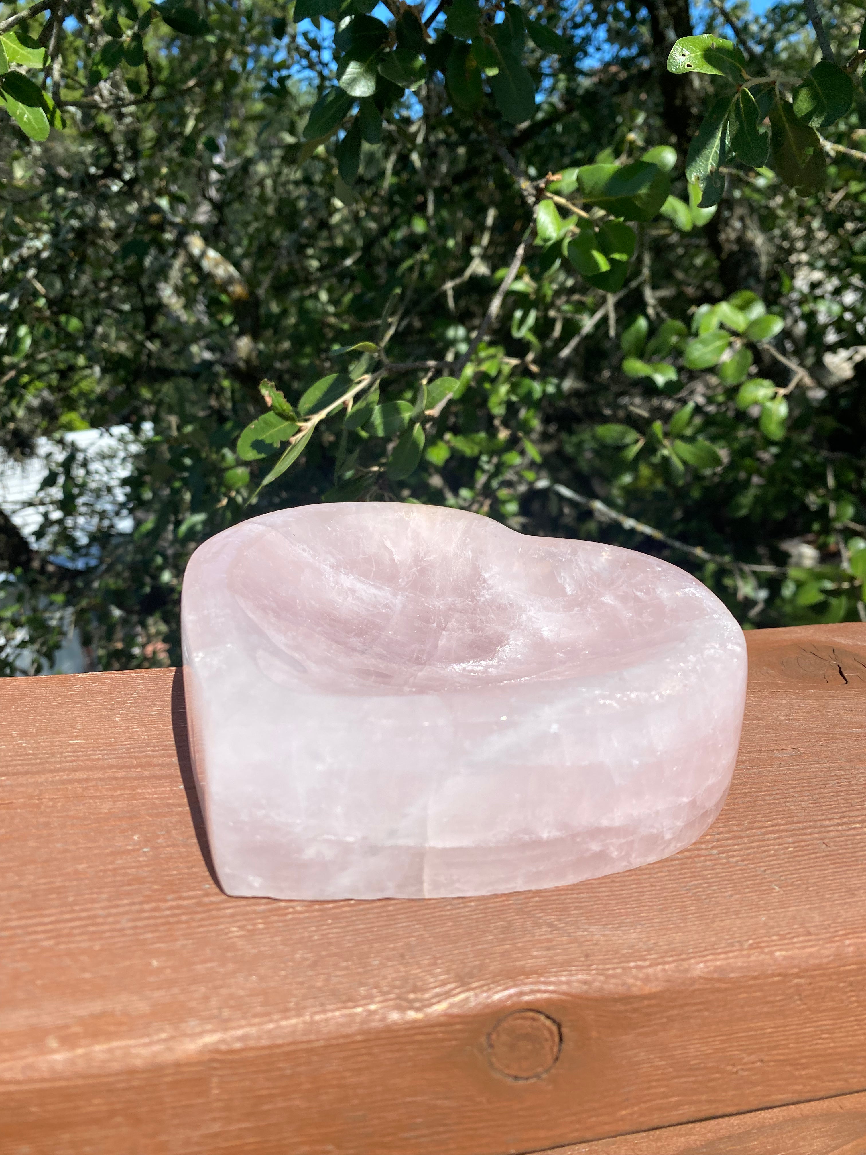 Rose Quartz Polished Heart Bowl, shaped into a heart, symbolizes love and compassion, promoting heart and throat chakra healing