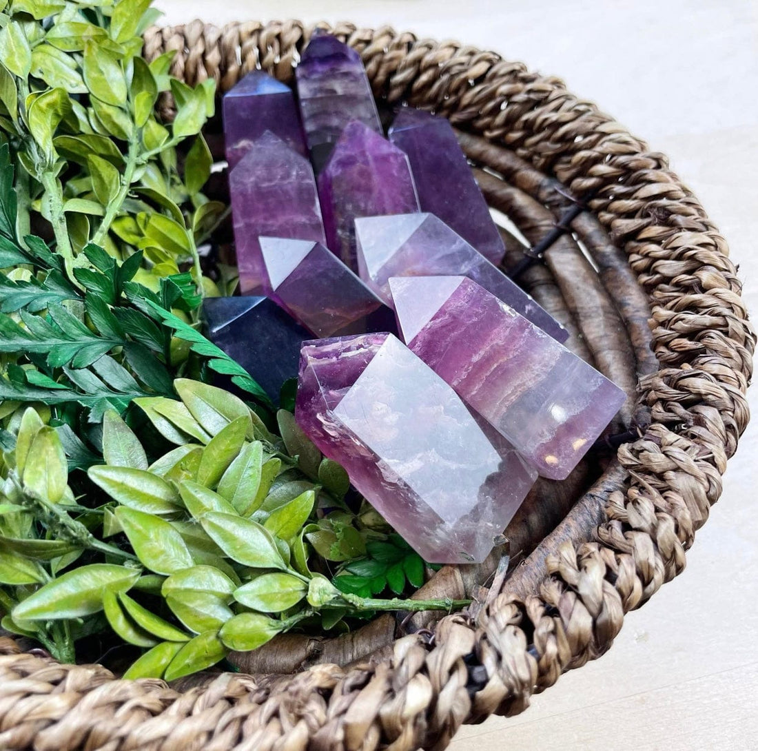 Purple Fluorite Mini Tower, 2-2.5 inches, enhances intuition, stimulates the Third Eye Chakra, and provides spiritual protection