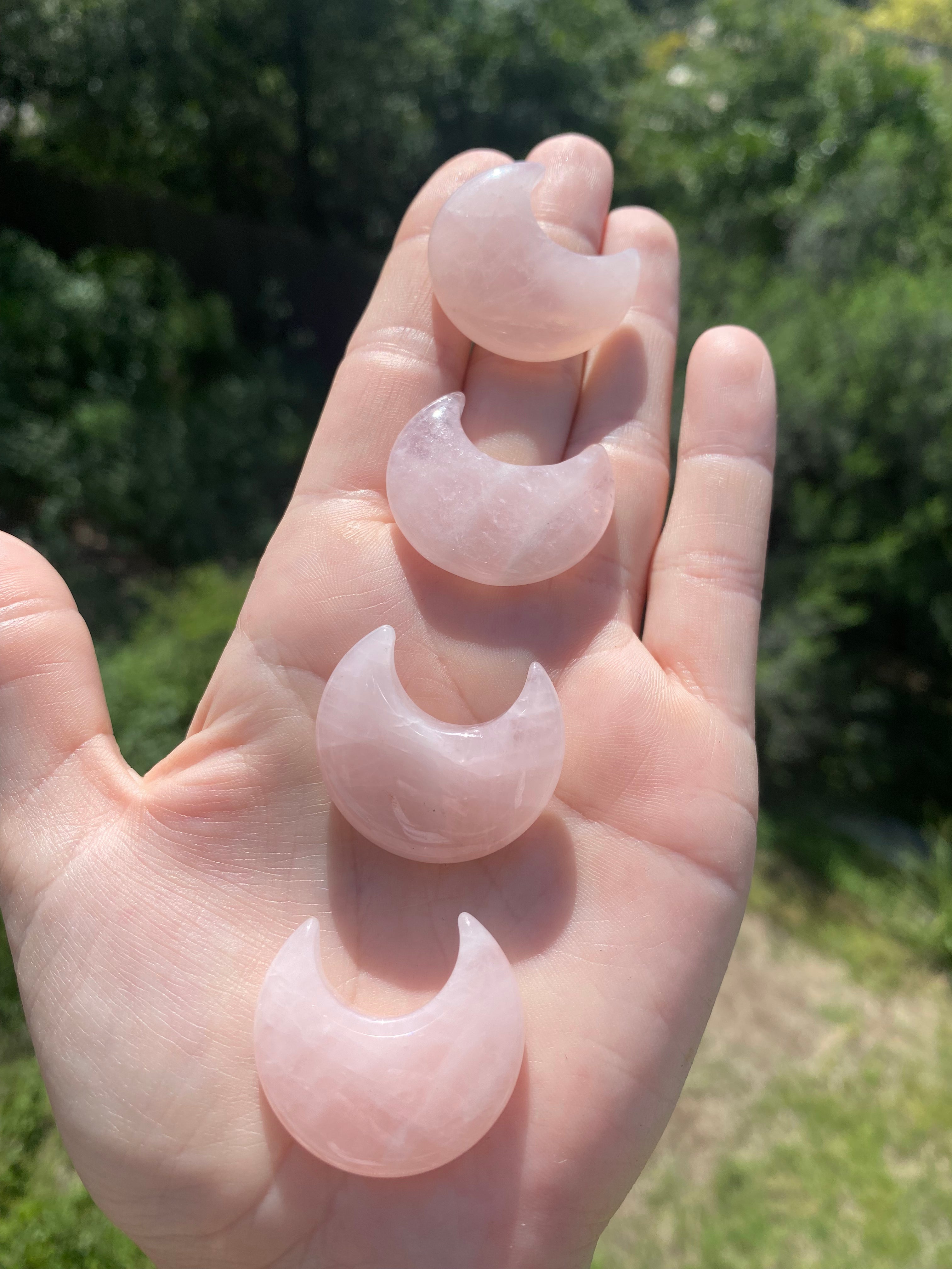 Rose Quartz Moon Carved Pocket Stone, perfect for promoting love and balance while helping to reduce stress throughout your day