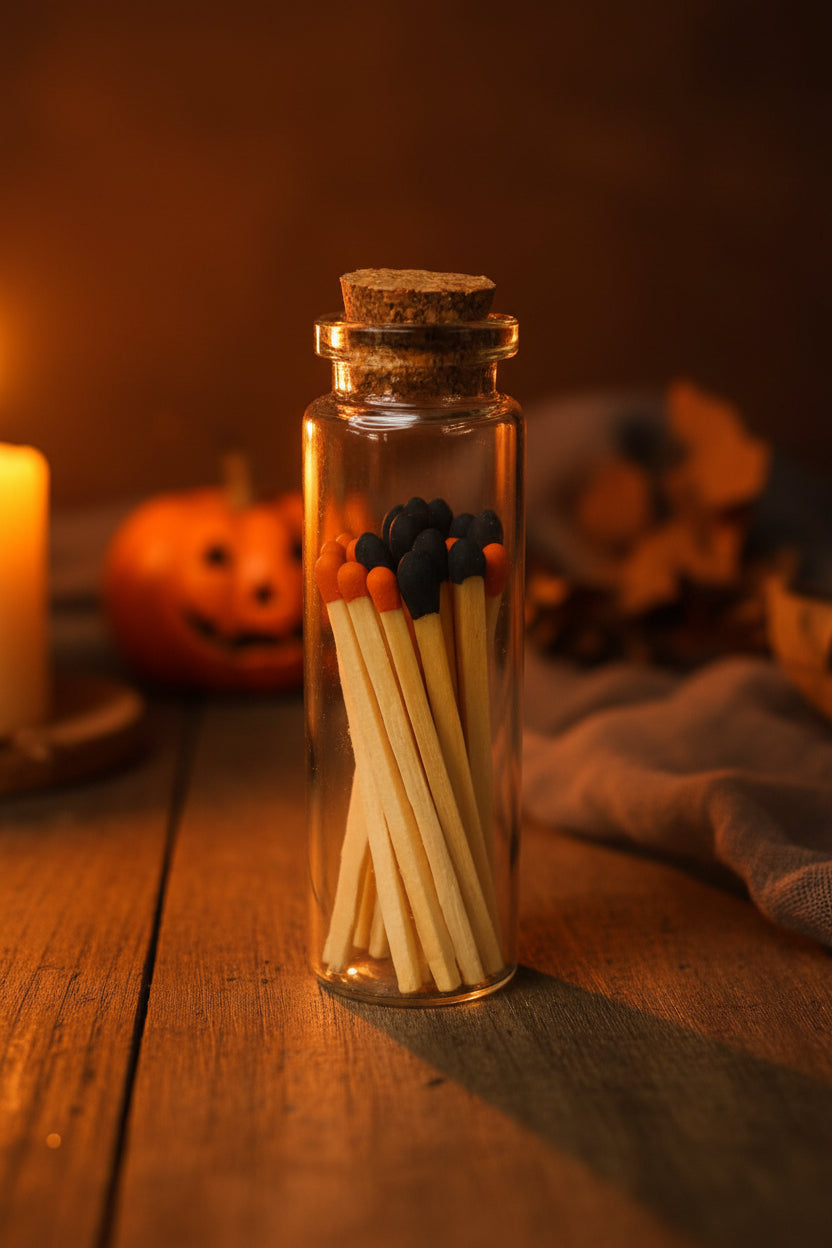 Candle Essentials matches with striker in bold Halloween orange and black, perfect for adding a festive touch to your candle lighting