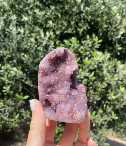 Rose &amp; Amethyst Quartz sparkles under the sun, blending soft pink and deep purple hues with a polished backing for stunning effect.