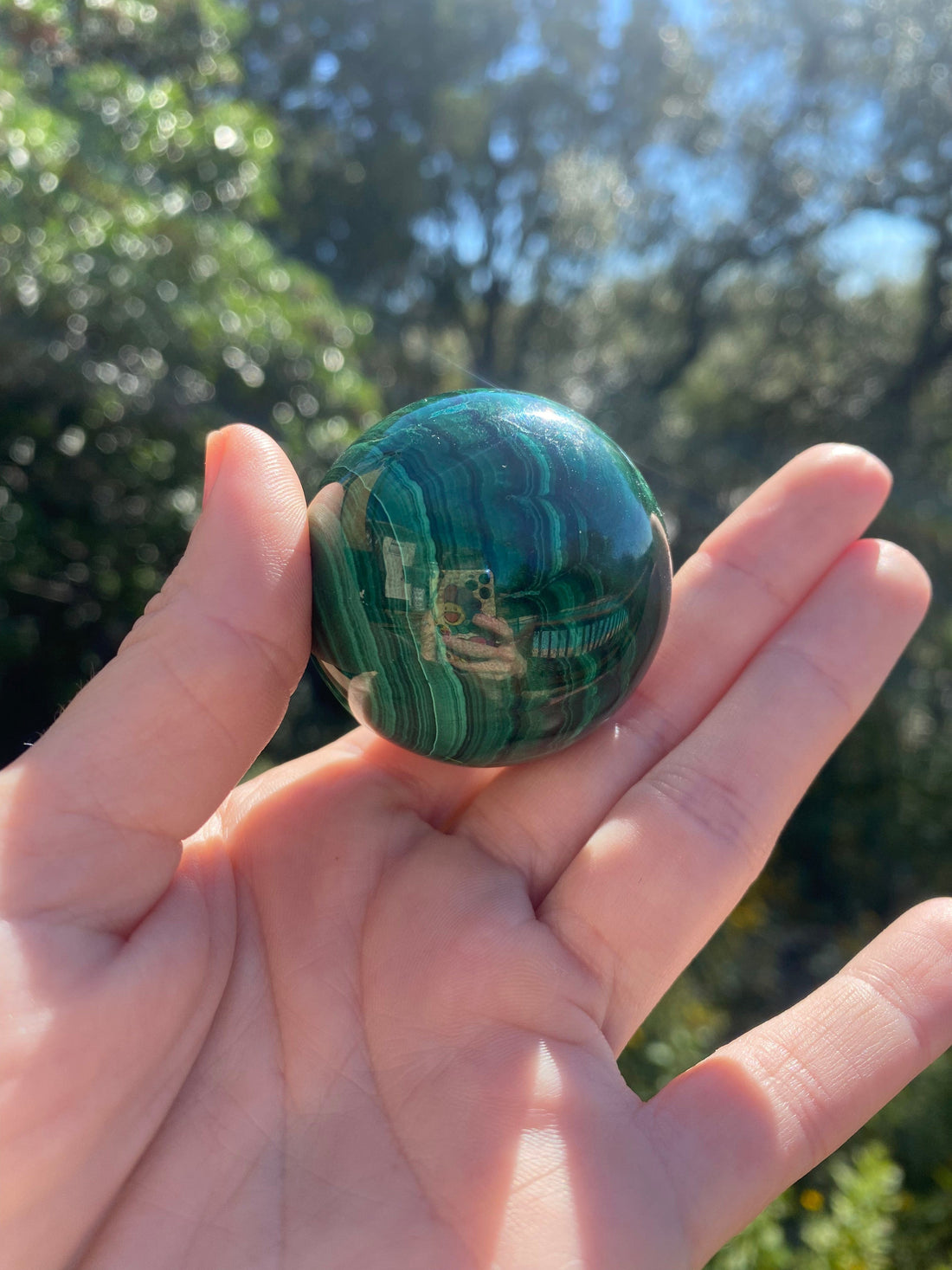 Incredible Malachite Sphere, formed from copper carbonate, protects by absorbing negative energies and guarding against radiation