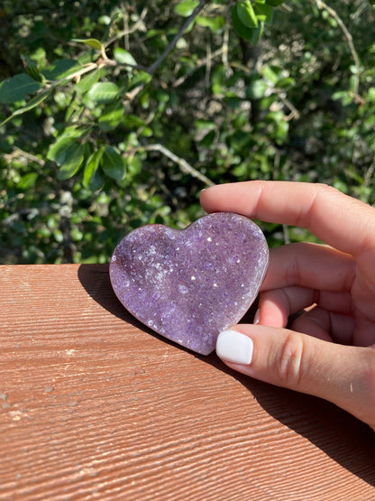 Amethyst crystal heart with intricate Agate banding, perfect for protection and clearing negative energy.