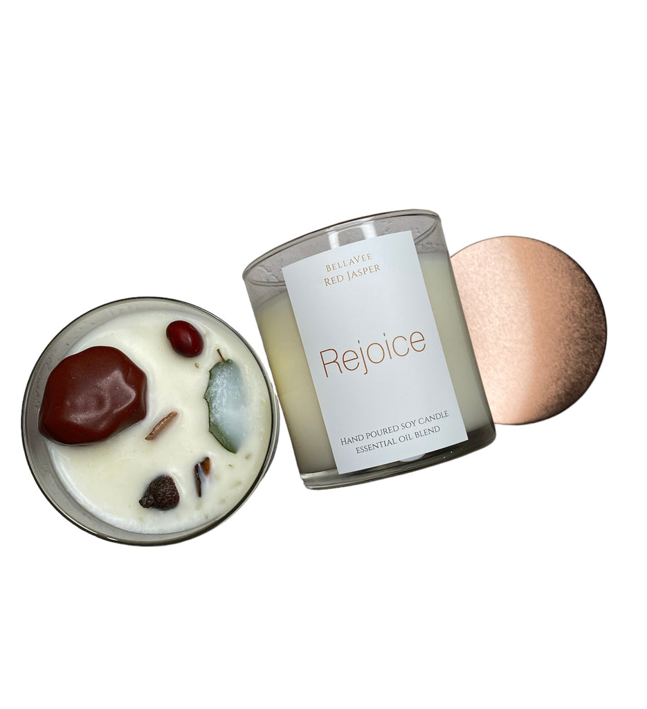 Rejoice- Red Jasper Holiday Crystal Candle